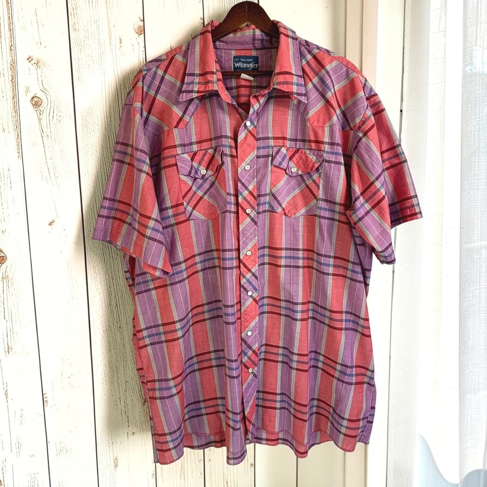 Vintage Western Shirt Wrangler Thin 2XL Tall Man Pink Purple Plaid Pearl Snap